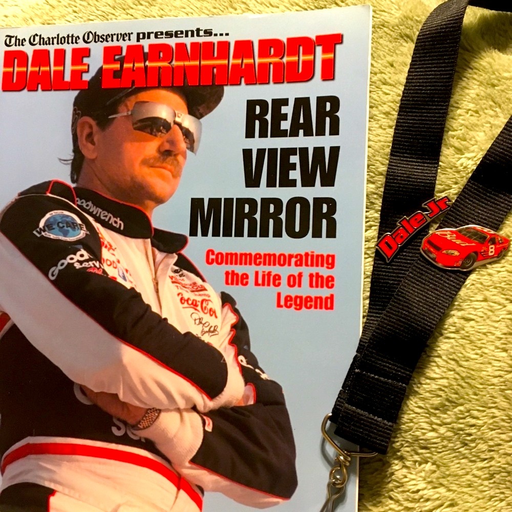 Dale Earnhardt, Rear View Mirror book, lanyard and pins NASCAR racing set